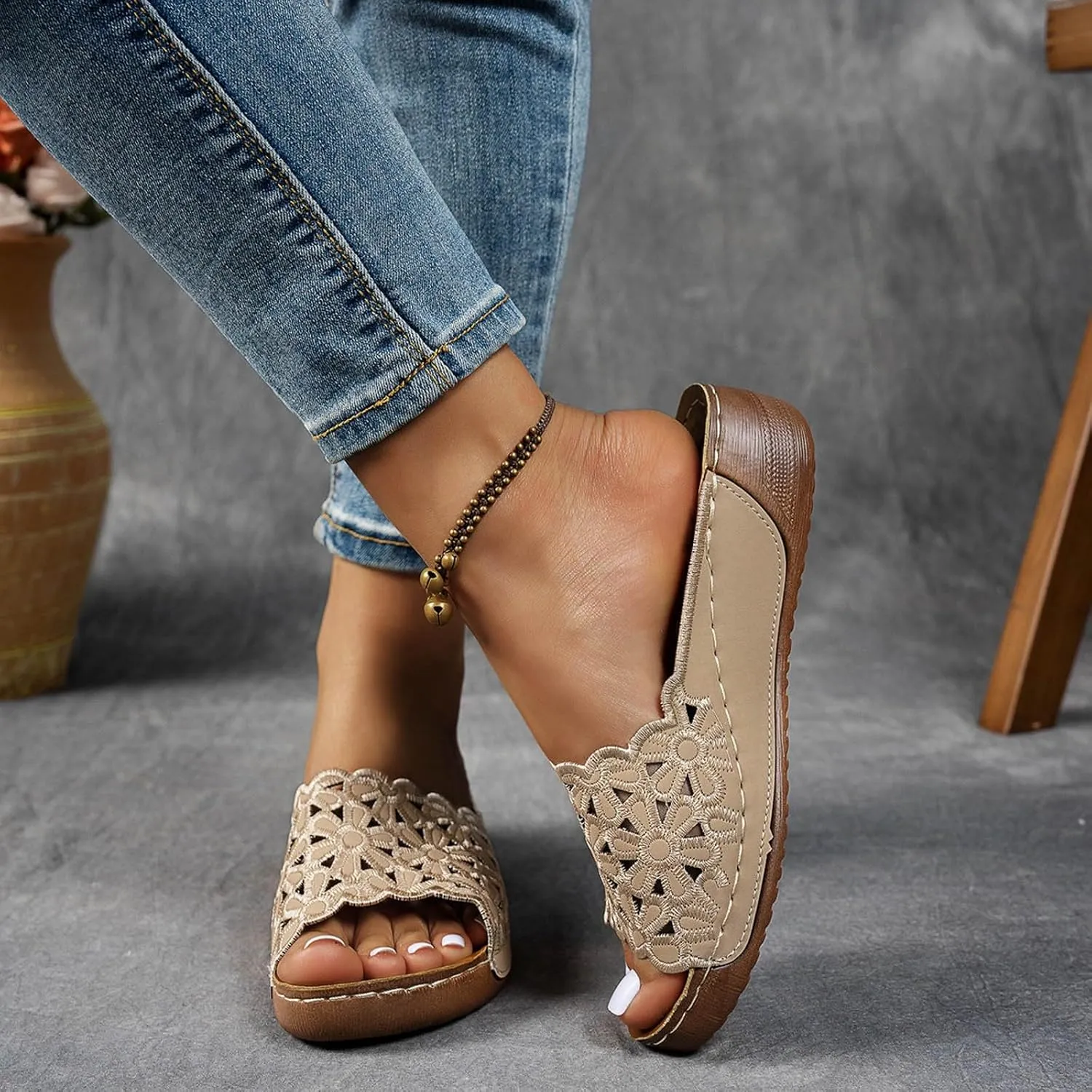 Wedge Sandals for Women Comfortable Open Toe Womens Wedge Sandals Casual Slip On Summer Beach Hollow Bohemian Slipper