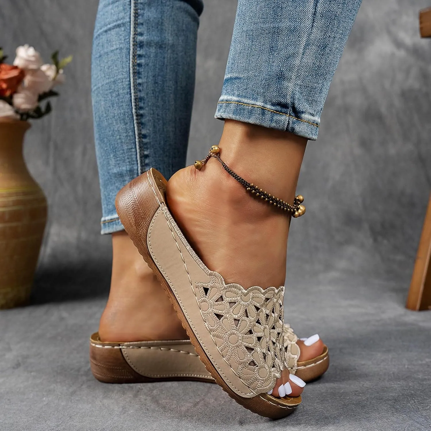 Wedge Sandals for Women Comfortable Open Toe Womens Wedge Sandals Casual Slip On Summer Beach Hollow Bohemian Slipper