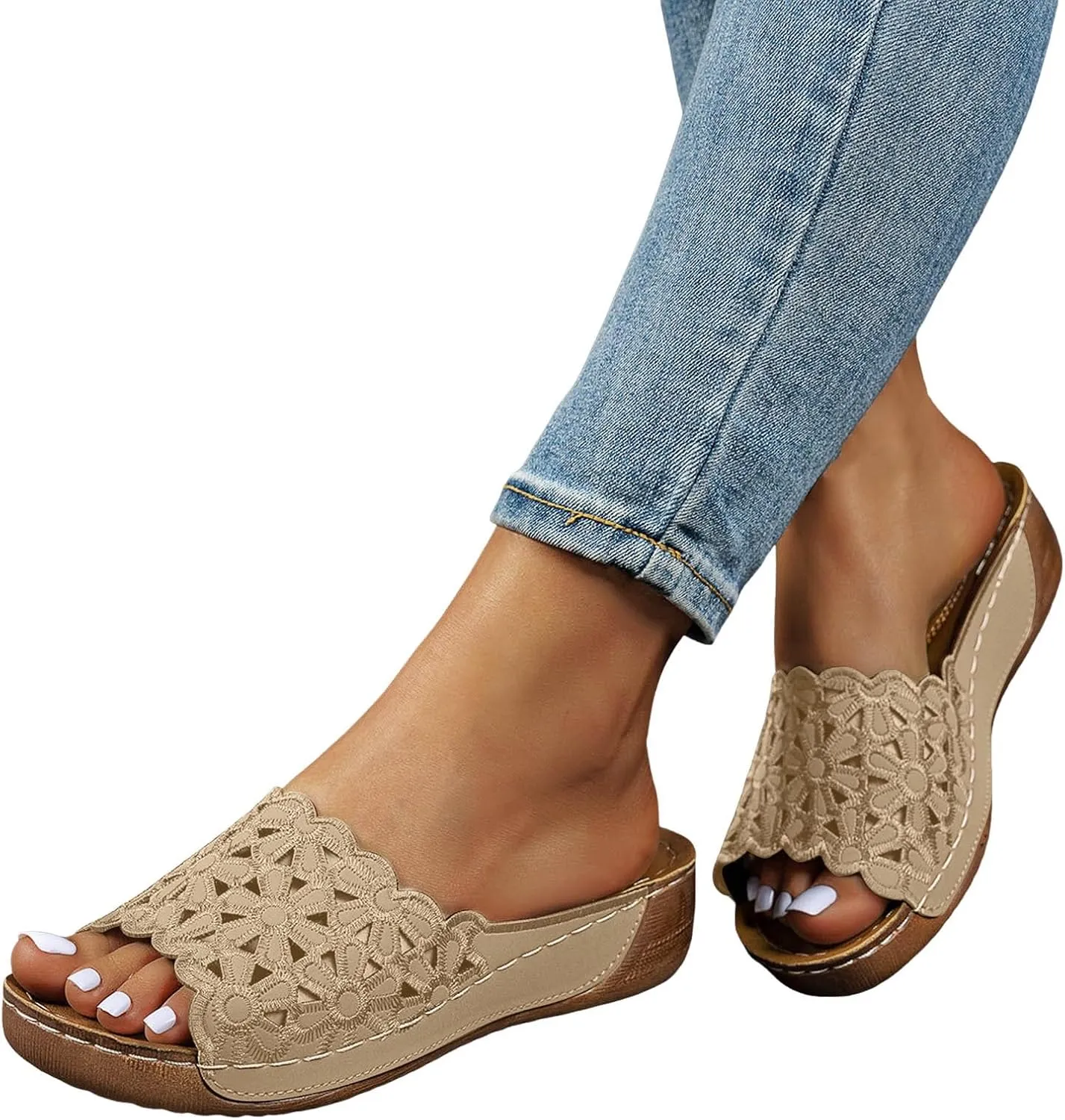 Wedge Sandals for Women Comfortable Open Toe Womens Wedge Sandals Casual Slip On Summer Beach Hollow Bohemian Slipper