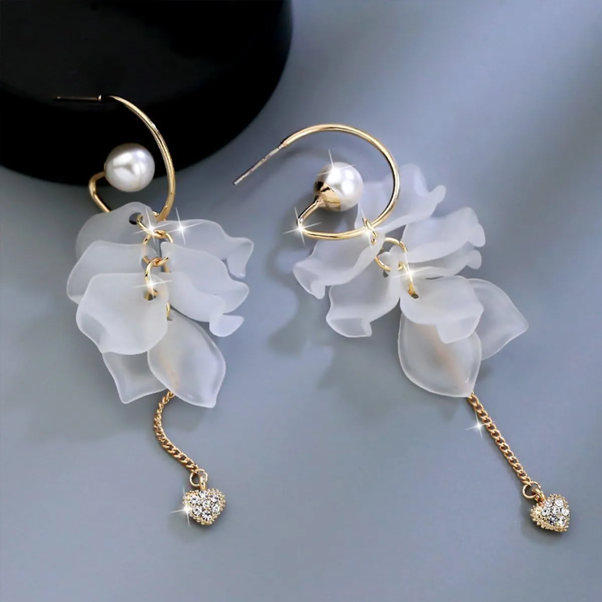 White Long Dangle Earrings Pearl Petals Drop Earrings for Women | Valentines Jewelry for Women with French Wire | Fashion Earrings for Women, Long Earrings for Women | Wedding Earrings for Bride