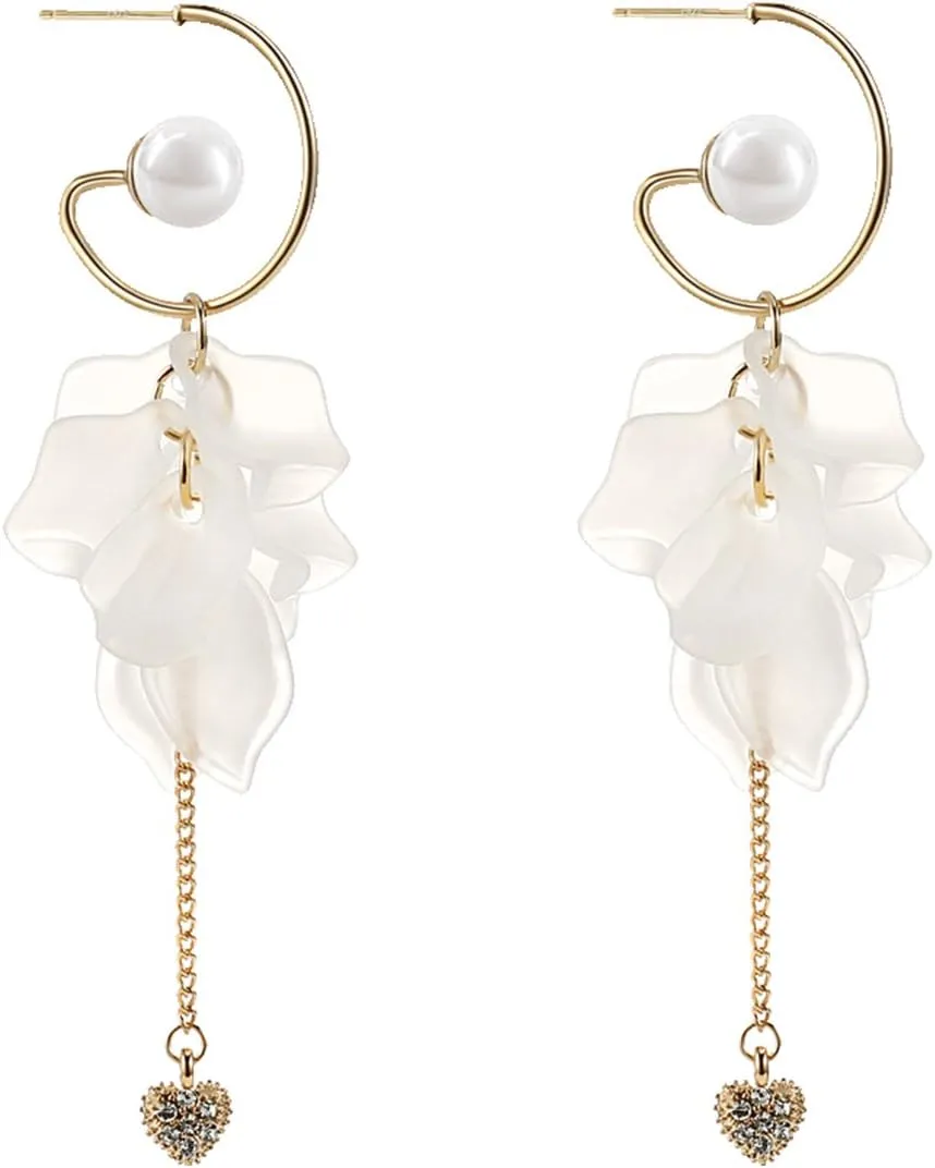 White Long Dangle Earrings Pearl Petals Drop Earrings for Women | Valentines Jewelry for Women with French Wire | Fashion Earrings for Women, Long Earrings for Women | Wedding Earrings for Bride
