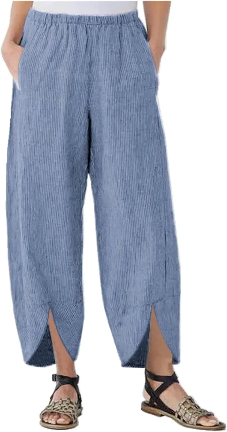Wide Leg Pants for Women Spliced Stretch High Waisted Petite Pants Loose Solid Cropped Casual Trousers with Pockets