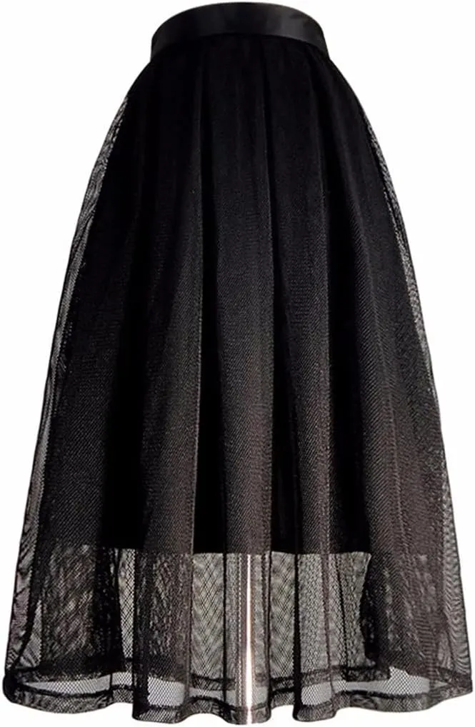 Women Korean Vintage Elegant High Waist White Polka Dot Print Long Pleated Black Midi Skirt