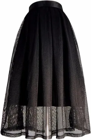 Women Korean Vintage Elegant High Waist White Polka Dot Print Long Pleated Black Midi Skirt