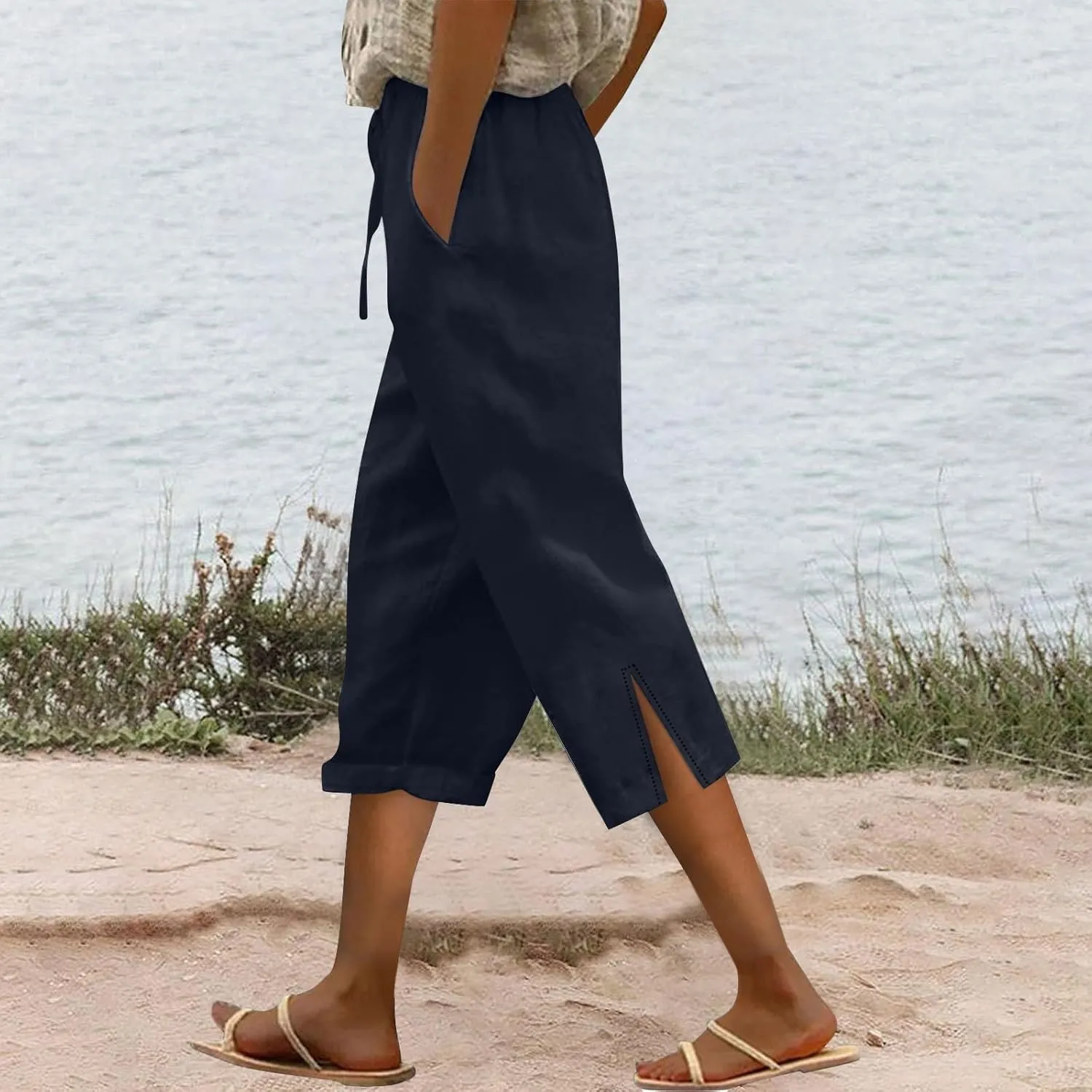 Women Linen Pants 2025 Summer High Waist Elastic Drawstring Straight Leg Lounge Pant Casual Loose Beach Trousers