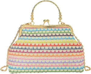 Women Multicolored Straw Crossbody Bag Shell Evening Handbag 2025 Woven Summer Beach Clutch Purse Small Wallet Tote Bag