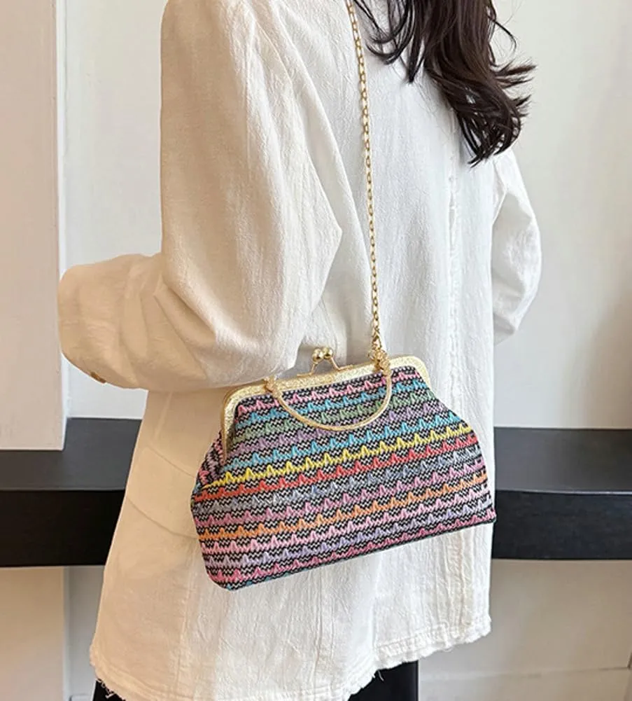 Women Multicolored Straw Crossbody Bag Shell Evening Handbag 2025 Woven Summer Beach Clutch Purse Small Wallet Tote Bag
