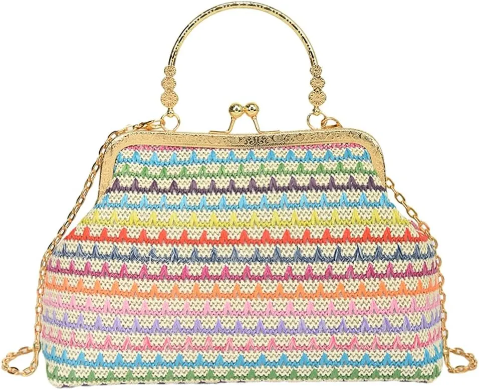 Women Multicolored Straw Crossbody Bag Shell Evening Handbag 2025 Woven Summer Beach Clutch Purse Small Wallet Tote Bag
