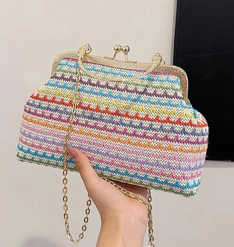 Women Multicolored Straw Crossbody Bag Shell Evening Handbag 2025 Woven Summer Beach Clutch Purse Small Wallet Tote Bag