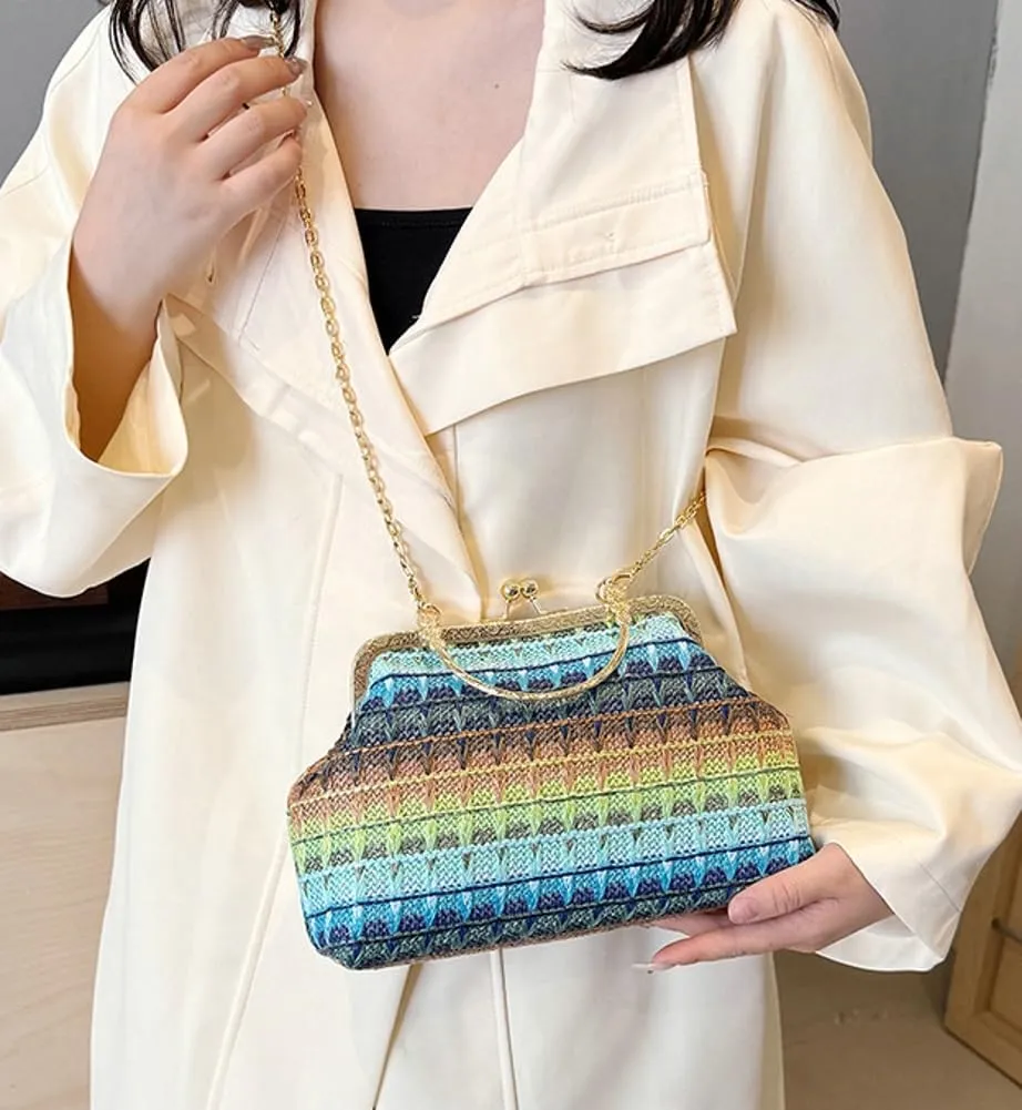 Women Multicolored Straw Crossbody Bag Shell Evening Handbag 2025 Woven Summer Beach Clutch Purse Small Wallet Tote Bag