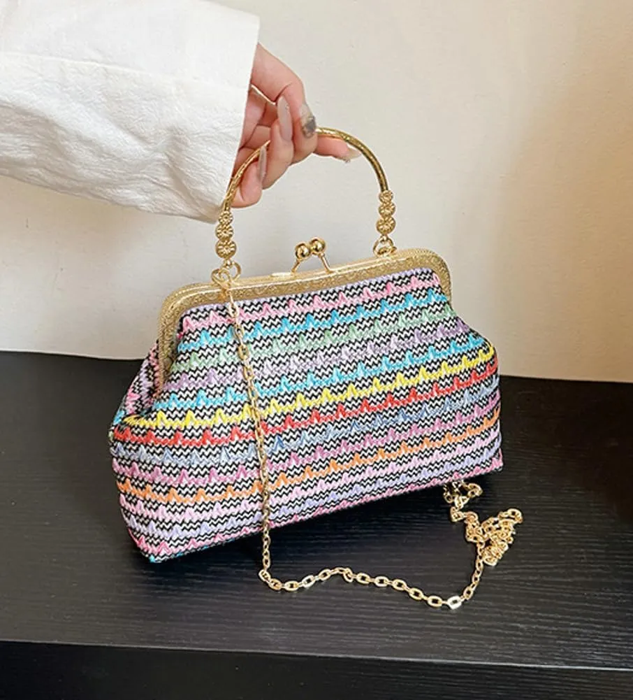 Women Multicolored Straw Crossbody Bag Shell Evening Handbag 2025 Woven Summer Beach Clutch Purse Small Wallet Tote Bag