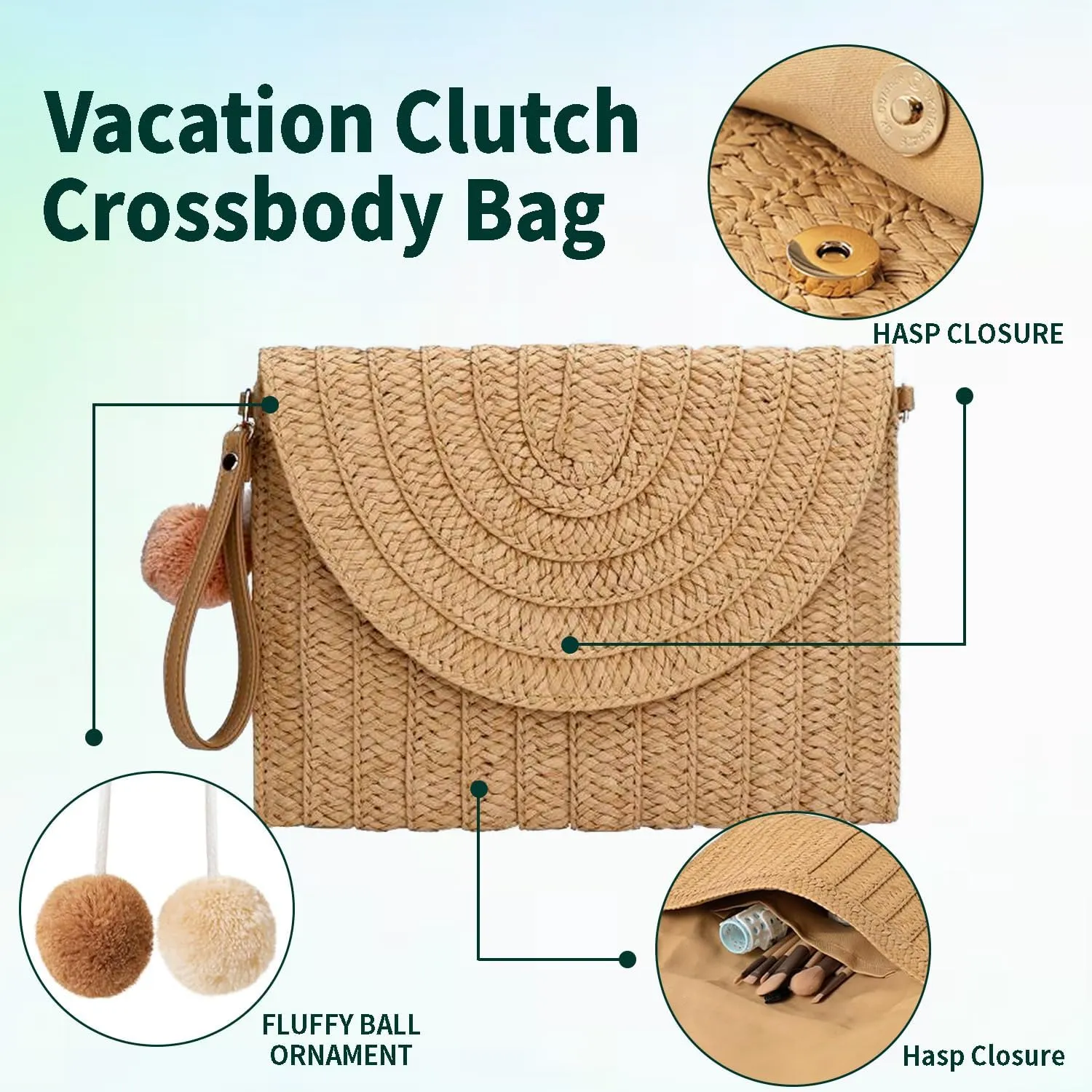 Women Straw Clutch Purse - Handwoven Rattan Crossbody Bag with Wallet Slot, Summer Beach Tote, Boho Envelope Handbag