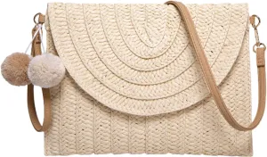 Women Straw Clutch Purse - Handwoven Rattan Crossbody Bag with Wallet Slot, Summer Beach Tote, Boho Envelope Handbag