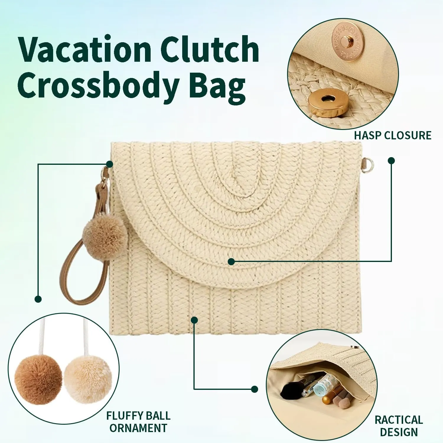 Women Straw Clutch Purse - Handwoven Rattan Crossbody Bag with Wallet Slot, Summer Beach Tote, Boho Envelope Handbag