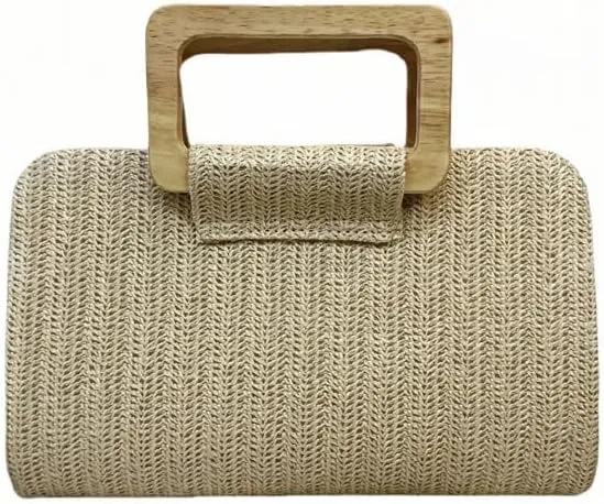 Women Straw Top Handle Clutch Handbags Crossbody Woven Shoulder Purse Summer Beach Vacation Small Bags with Gold Chain