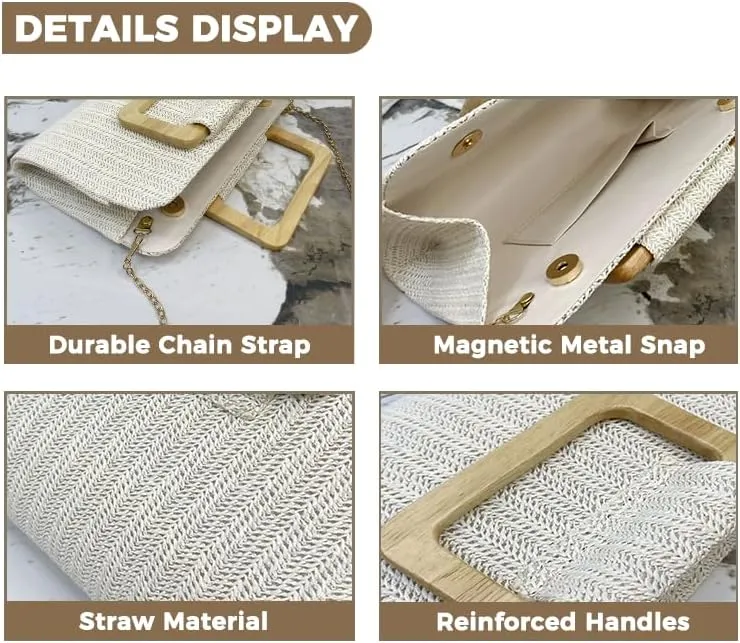 Women Straw Top Handle Clutch Handbags Crossbody Woven Shoulder Purse Summer Beach Vacation Small Bags with Gold Chain
