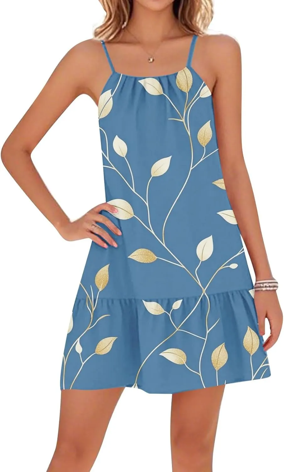 Women Summer Dresses Crewneck Sleeveless Adjustable Spaghetti Strap Beach Cover Ups Boho Backless Mini Sundress