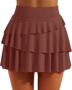 Women's Basic Versatile Stretchy Tiered Pleated Flared Mini Skater Skirt with Shorts, S-2XL