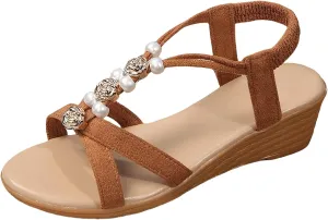 Womens Bohemia Wedge Sandals Low Heel Open Toe Ankle Strap Platform Sandal Summer Slip On Dress Shoes with Arch Support