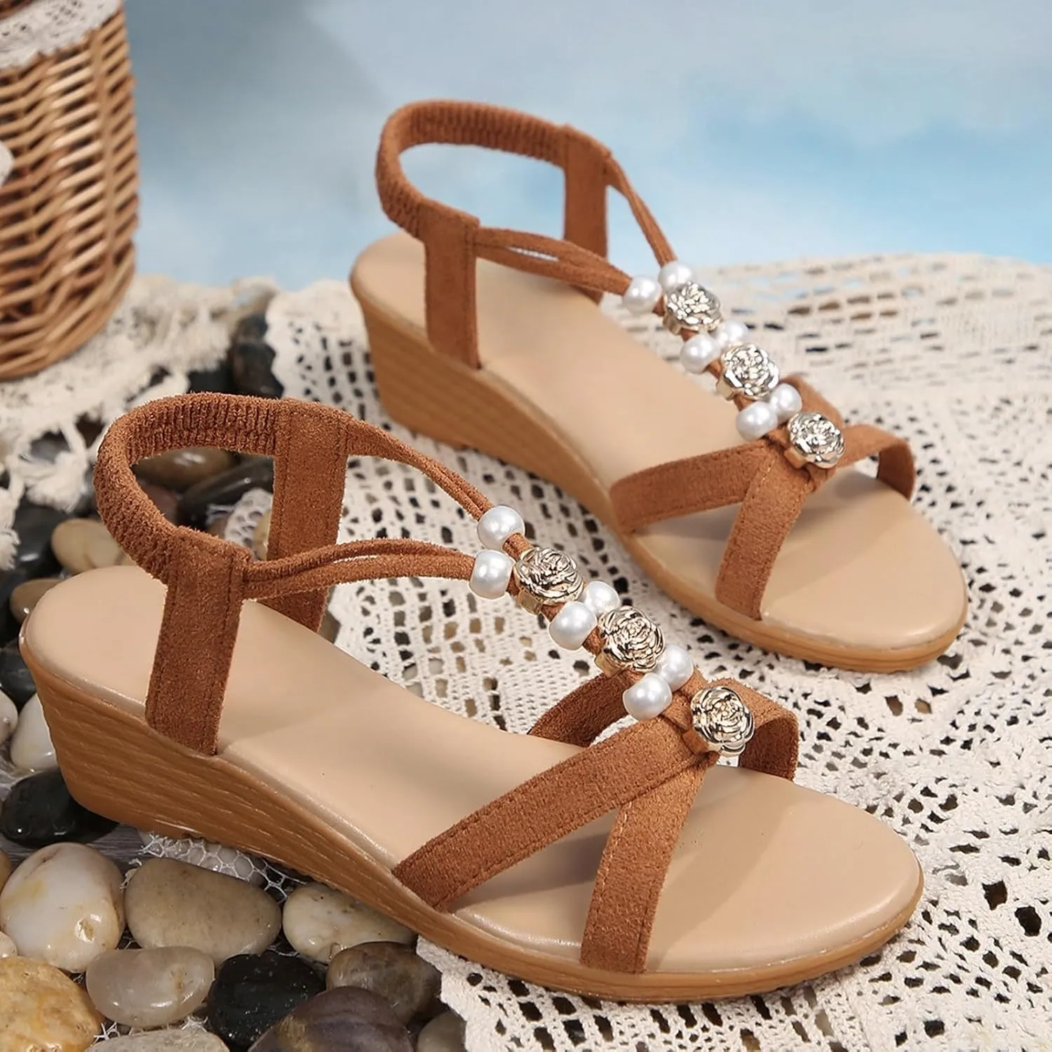 Womens Bohemia Wedge Sandals Low Heel Open Toe Ankle Strap Platform Sandal Summer Slip On Dress Shoes with Arch Support