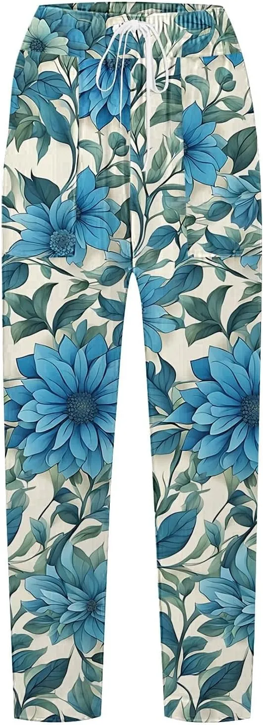 Womens Boho Cotton Linen Trouser Floral Printed Elastic Waist Pull On Summer Beach Pants Plus Size Wide Leg Harem Pants