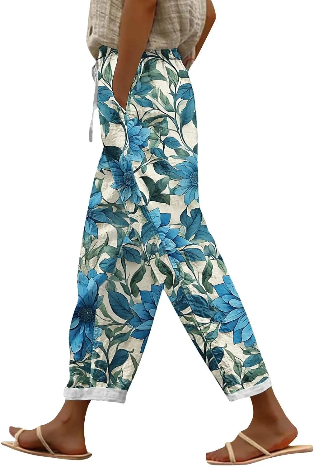 Womens Boho Cotton Linen Trouser Floral Printed Elastic Waist Pull On Summer Beach Pants Plus Size Wide Leg Harem Pants