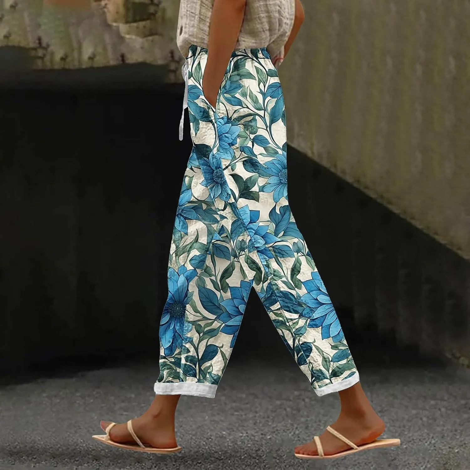 Womens Boho Cotton Linen Trouser Floral Printed Elastic Waist Pull On Summer Beach Pants Plus Size Wide Leg Harem Pants