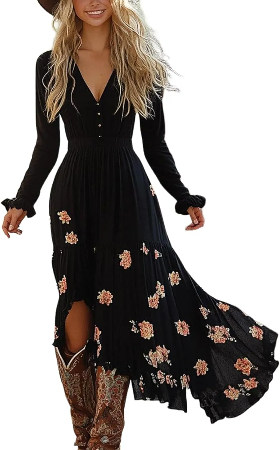 Women's Boho Deep V Neck Long Sleeve Floral Print Black Maxi Dress Classy Casual Buttoned Smocked Flowy A-Line Dresses
