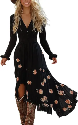 Women's Boho Deep V Neck Long Sleeve Floral Print Black Maxi Dress Classy Casual Buttoned Smocked Flowy A-Line Dresses