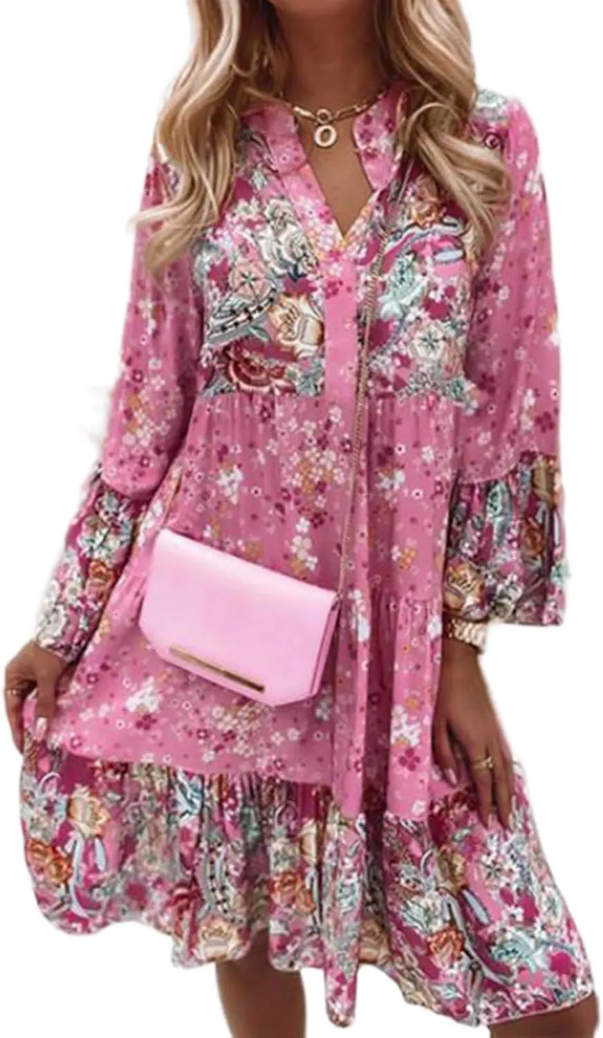 Womens Boho Floral Print Flare Sleeve Ruffle Hem Tiered Mini Dress V Neck Long Sleeve Summer Short Dresses