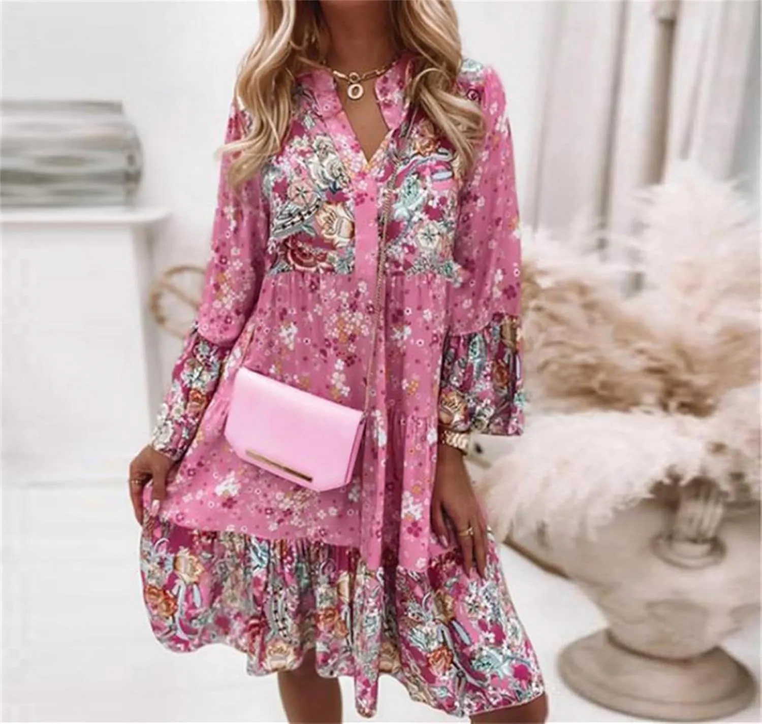 Womens Boho Floral Print Flare Sleeve Ruffle Hem Tiered Mini Dress V Neck Long Sleeve Summer Short Dresses