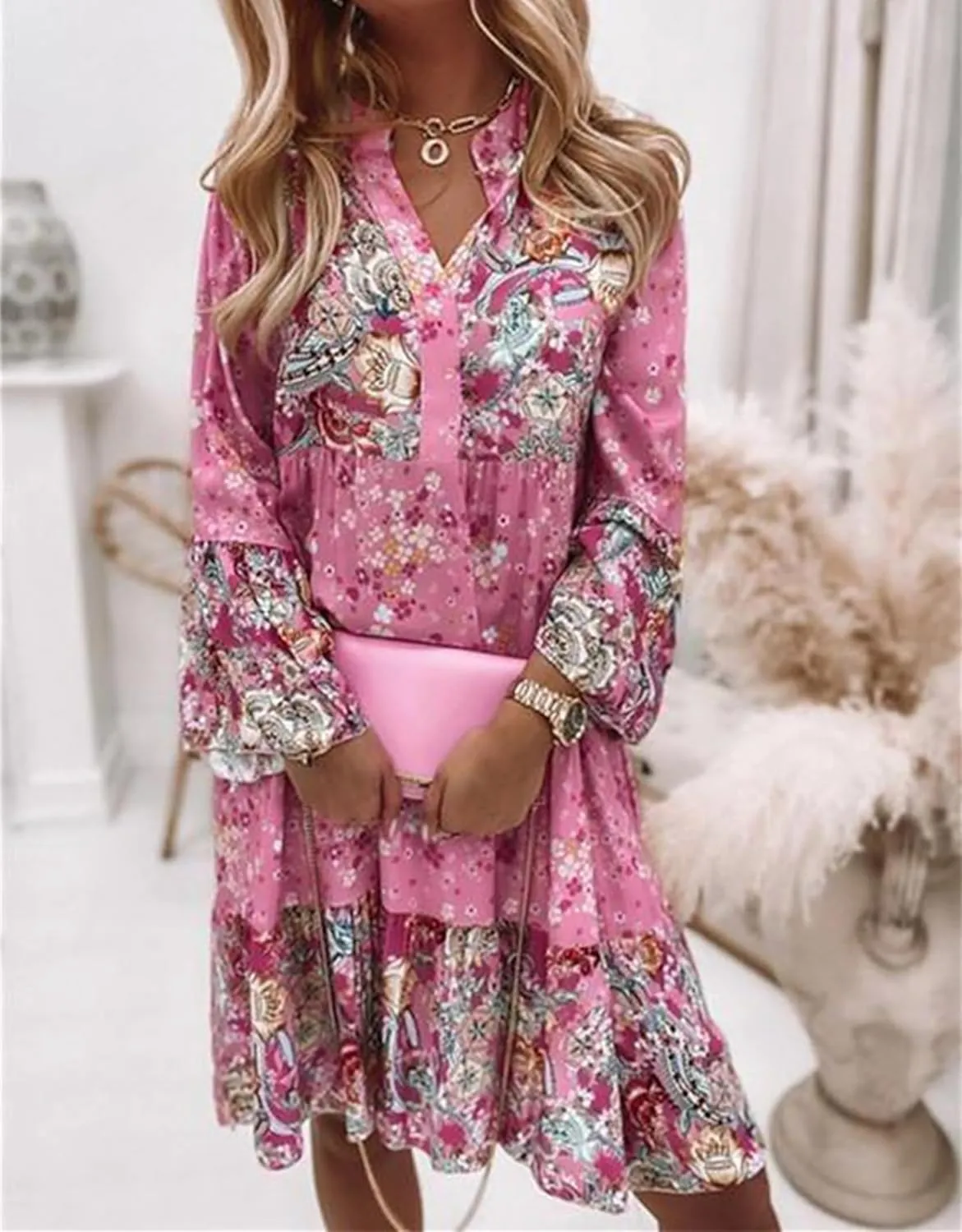 Womens Boho Floral Print Flare Sleeve Ruffle Hem Tiered Mini Dress V Neck Long Sleeve Summer Short Dresses