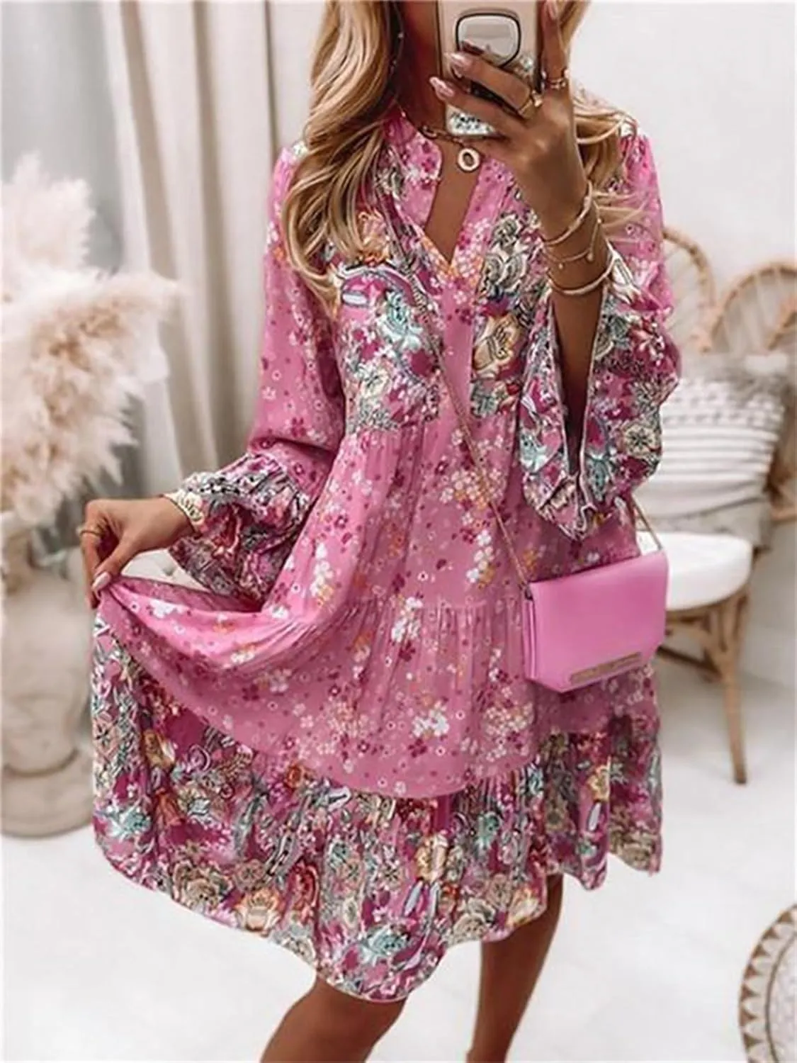 Womens Boho Floral Print Flare Sleeve Ruffle Hem Tiered Mini Dress V Neck Long Sleeve Summer Short Dresses