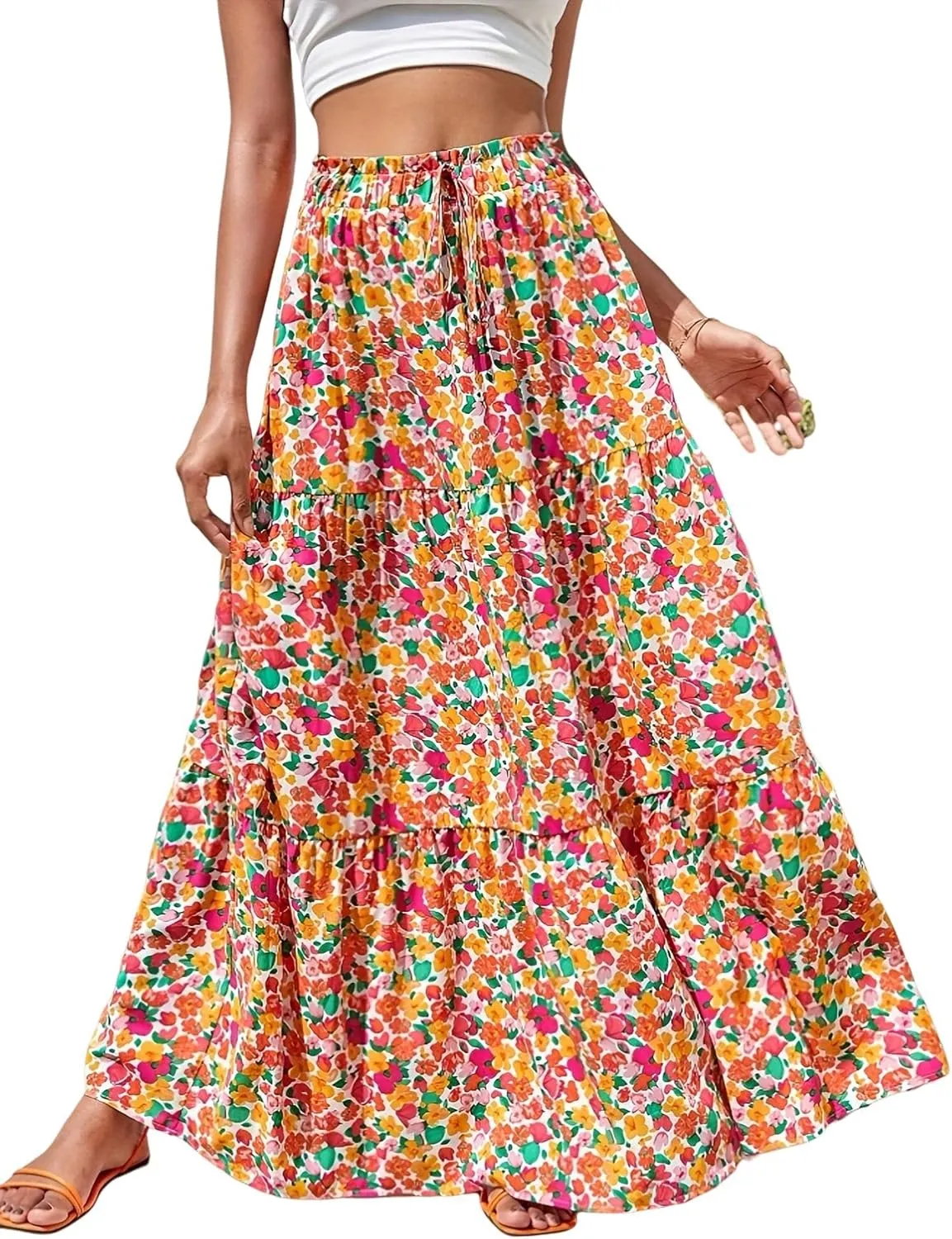 Women's Boho Floral Tiered Maxi Skirt,Elegant Pleated Elastic Waist Summer Flowy A-line Midi Long Skirt