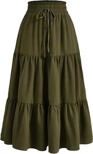 Women's Boho Floral Tiered Maxi Skirt,Elegant Pleated Elastic Waist Summer Flowy A-line Midi Long Skirt