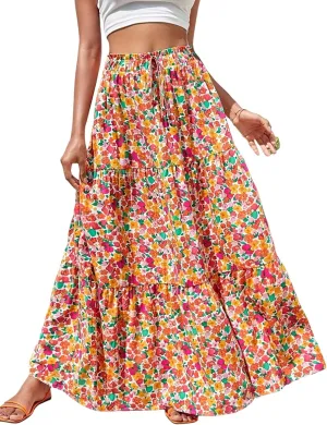 Women's Boho Floral Tiered Maxi Skirt,Elegant Pleated Elastic Waist Summer Flowy A-line Midi Long Skirt
