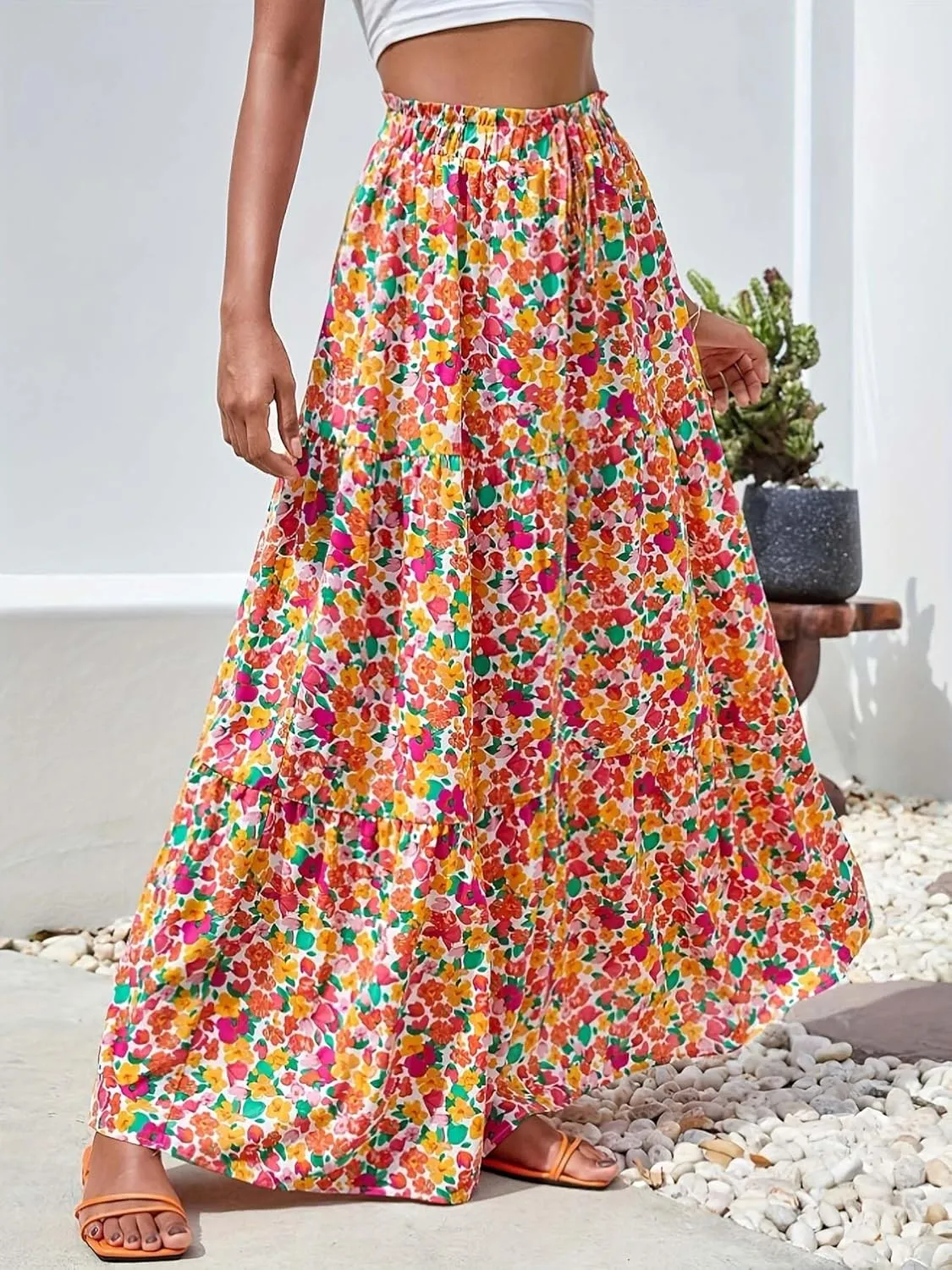 Women's Boho Floral Tiered Maxi Skirt,Elegant Pleated Elastic Waist Summer Flowy A-line Midi Long Skirt