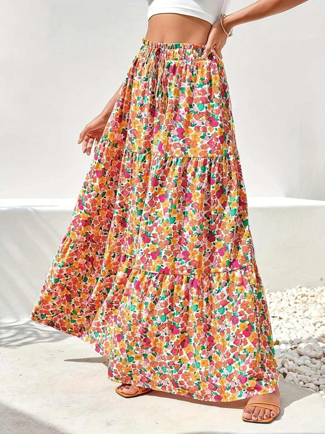 Women's Boho Floral Tiered Maxi Skirt,Elegant Pleated Elastic Waist Summer Flowy A-line Midi Long Skirt
