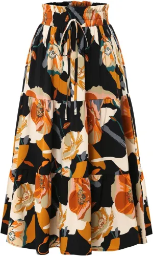 Women's Boho Floral Tiered Maxi Skirt,Elegant Pleated Elastic Waist Summer Flowy A-line Midi Long Skirt