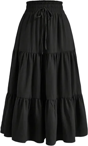 Women's Boho Floral Tiered Maxi Skirt,Elegant Pleated Elastic Waist Summer Flowy A-line Midi Long Skirt