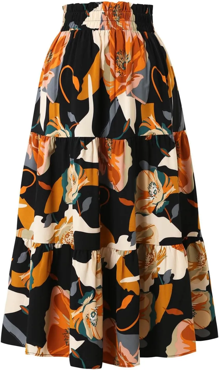 Women's Boho Floral Tiered Maxi Skirt,Elegant Pleated Elastic Waist Summer Flowy A-line Midi Long Skirt