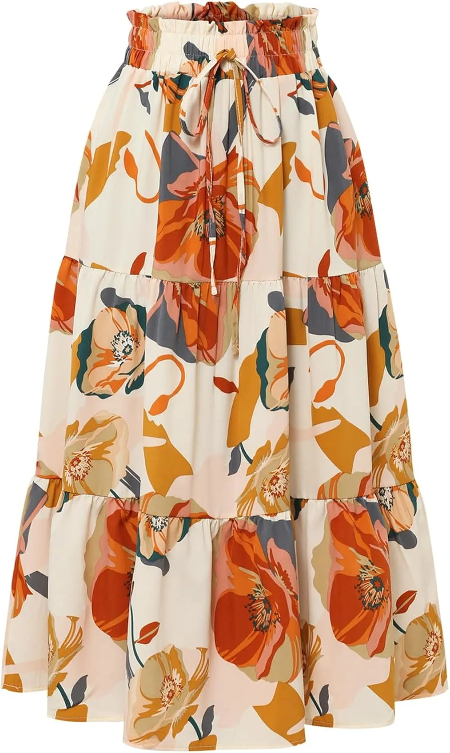 Women's Boho Floral Tiered Maxi Skirt,Elegant Pleated Elastic Waist Summer Flowy A-line Midi Long Skirt