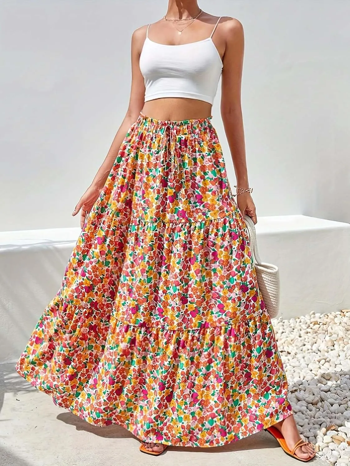 Women's Boho Floral Tiered Maxi Skirt,Elegant Pleated Elastic Waist Summer Flowy A-line Midi Long Skirt