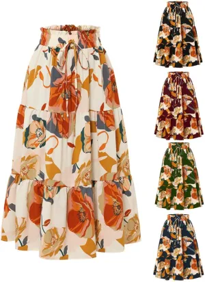 Women's Boho Floral Tiered Maxi Skirt,Elegant Pleated Elastic Waist Summer Flowy A-line Midi Long Skirt