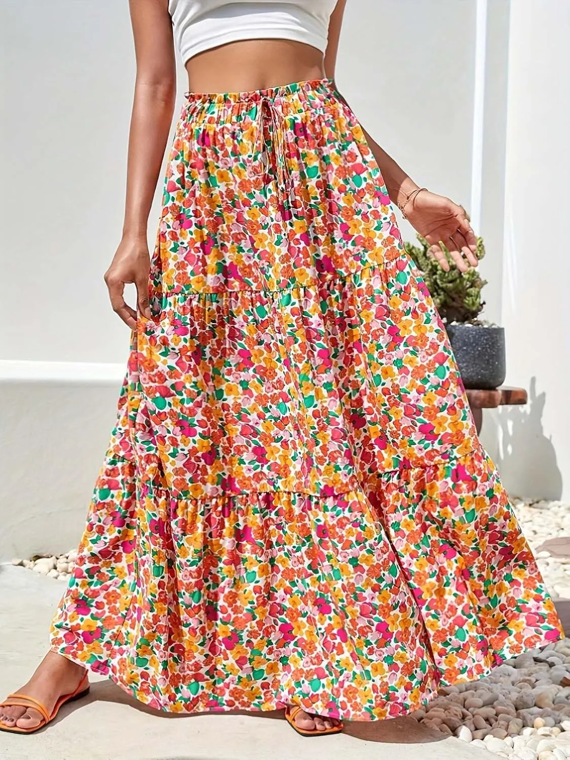 Women's Boho Floral Tiered Maxi Skirt,Elegant Pleated Elastic Waist Summer Flowy A-line Midi Long Skirt