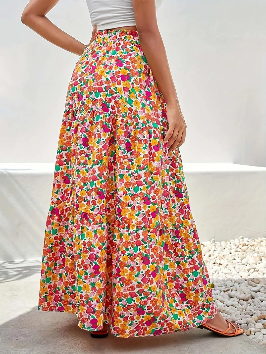 Women's Boho Floral Tiered Maxi Skirt,Elegant Pleated Elastic Waist Summer Flowy A-line Midi Long Skirt