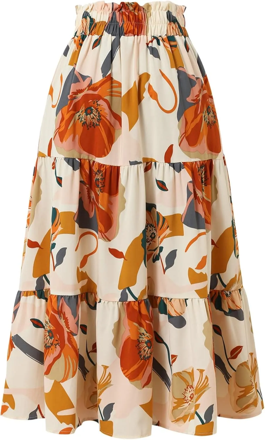 Women's Boho Floral Tiered Maxi Skirt,Elegant Pleated Elastic Waist Summer Flowy A-line Midi Long Skirt