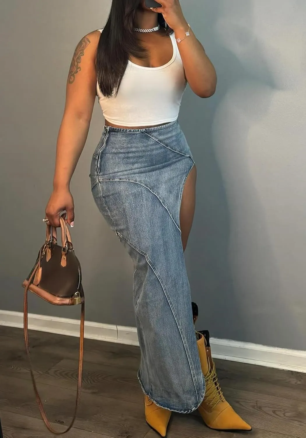 Women's Button Down Denim Skirt Casual High Waisted Long Jean Skirts High Split Pencil Skirt Y2K Streetwear