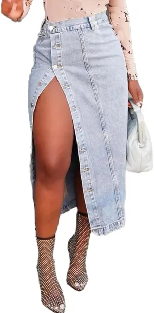 Women's Button Down Denim Skirt Casual High Waisted Long Jean Skirts High Split Pencil Skirt Y2K Streetwear
