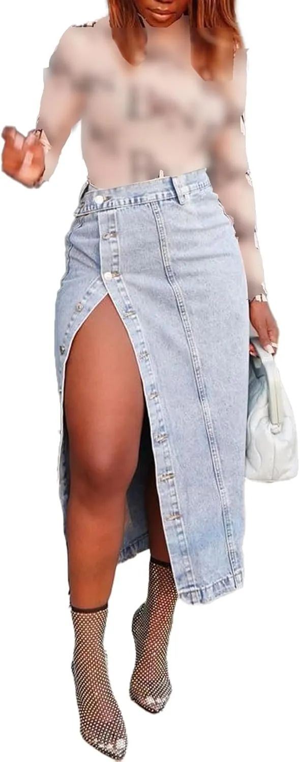 Women's Button Down Denim Skirt Casual High Waisted Long Jean Skirts High Split Pencil Skirt Y2K Streetwear